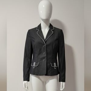 Simon Chang Denim Charcoal Blazer with Light Gray Trim Size 4